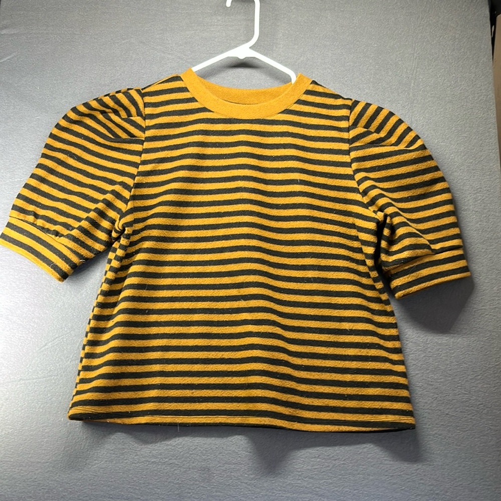 Who What Wear Mustard Yellow and Black Striped Puff Sleeve Crewneck Sweater